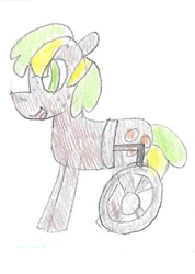 Size: 649x911 | Tagged: safe, artist:ptitemouette, oc, oc:golden nuggets, parent:ms. harshwhinny, parent:ms. peachbottom, parents:harshbottom, wheelchair