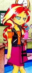 Size: 387x861 | Tagged: safe, artist:liaaqila, edit, editor:thomasfan45, sunset shimmer, human, equestria girls, equestria girls series, g4, belt, clock, clothes, cropped, cute, cutie mark, cutie mark on clothes, desk, female, hypnosis, hypnotherapy, hypnotized, indoors, jacket, office, open mouth, shimmerbetes, shirt, skirt, solo, spikes, swirly eyes, table, tired, traditional art, trance, vase