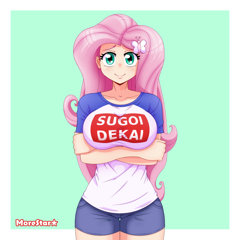 2424367 - suggestive, artist:morestar, fluttershy, human, equestria girls,  g4, big breasts, breasts, busty fluttershy, female, human coloration,  humanized, looking at you, sugoi dekai, uzaki hana, uzaki-chan wants to  hang out! - Derpibooru