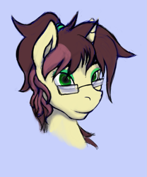 Size: 807x969 | Tagged: safe, artist:btbunny, oc, oc:ambiguity, pony, unicorn, femboy, glasses, green eyes, horn, male, ponytail, simple background