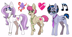 Size: 9121x4672 | Tagged: safe, artist:celestial-rainstorm, oc, oc only, oc:boadicea, oc:techno tempo, oc:vanity faire, earth pony, pony, unicorn, absurd resolution, female, male, mare, offspring, parent:coco pommel, parent:fancypants, parent:fleur-de-lis, parent:neon lights, parent:trenderhoof, parent:vinyl scratch, parents:fancyfleur, parents:trenderpommel, parents:vinylights, simple background, stallion, white background