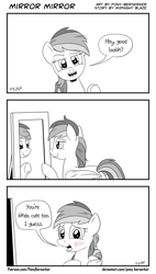 Size: 1320x2328 | Tagged: safe, artist:pony-berserker, rainbow dash, pegasus, pony, g4, blushing, comic, halftone, looking at you, mirror, monochrome, narcissism, partial color, reflection, speech bubble, talking to viewer, underhoof