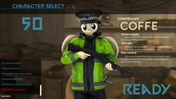 Size: 1920x1080 | Tagged: safe, artist:spinostud, oc, oc only, oc:coffe, anthro, 3d, :p, box, clothes, crate, female, game interface, gun, hat, jacket, looking at you, m870, mare, police, police uniform, shotgun, solo, source filmmaker, tongue out, weapon
