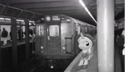 Size: 1988x1150 | Tagged: safe, artist:topsangtheman, cornetta, pony, unicorn, g4, 3d, irl, looking at you, monochrome, new york city, new york city subway, photo, ponies in real life, solo, source filmmaker