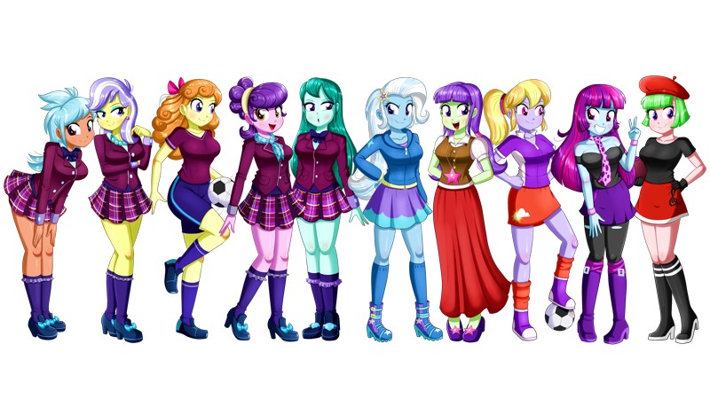 2424414 - safe, artist:the-butch-x, edit, cloudy kicks, cold forecast,  drama letter, frosty orange, mystery mint, orange sherbette, starlight,  suri polomare, trixie, upper crust, watermelody, equestria girls, :o,  background human, ball, beautiful, beret,