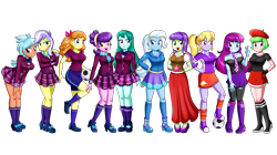 Size: 4390x2467 | Tagged: safe, artist:the-butch-x, edit, cloudy kicks, cold forecast, drama letter, frosty orange, mystery mint, orange sherbette, starlight, suri polomare, trixie, upper crust, watermelody, equestria girls, g4, :o, background human, ball, beautiful, beret, blushing, book, boots, breasts, busty mystery mint, busty orange sherbette, clothes, crystal prep academy uniform, cute, ear piercing, earring, eyelashes, eyeshadow, female, football, grin, hand on hip, hands behind back, hat, high heel boots, holding, hoodie, jacket, jewelry, legs, lidded eyes, long skirt, looking at you, makeup, necklace, open mouth, peace sign, pearl necklace, piercing, plaid skirt, pleated skirt, raised eyebrow, raised leg, scarf, school uniform, shipping, shirt, shoes, shorts, simple background, skirt, smiling, socks, sports, sports shorts, suribetes, teeth, transparent background