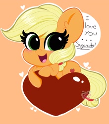 Size: 1802x2048 | Tagged: safe, artist:kittyrosie, applejack, earth pony, pony, g4, blushing, cute, dialogue, female, hatless, heart, jackabetes, mare, missing accessory, open mouth, orange background, prone, simple background, solo, speech bubble, weapons-grade cute
