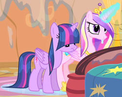 Size: 1682x1341 | Tagged: safe, screencap, princess cadance, twilight sparkle, alicorn, pony, g4, three's a crowd, bed, cropped, duo, duo female, female, frown, golden oaks library, magic, mare, sisters-in-law, telekinesis, twilight sparkle (alicorn), wet, wet mane