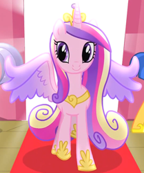 Size: 940x1125 | Tagged: safe, screencap, princess cadance, alicorn, pony, g4, three's a crowd, colored wings, cropped, crown, female, gradient wings, hoof shoes, jewelry, mare, multicolored wings, regalia, smiling, solo, spread wings, tiara, walking, wings