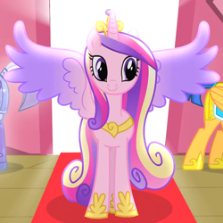Size: 1218x1219 | Tagged: safe, screencap, princess cadance, alicorn, pony, g4, three's a crowd, colored wings, cropped, crown, female, gradient wings, hoof shoes, jewelry, mare, multicolored wings, regalia, smiling, solo, spread wings, tiara, wings