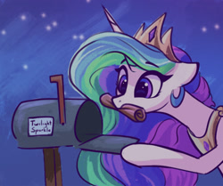 Size: 1830x1531 | Tagged: safe, artist:lollipony, part of a set, princess celestia, alicorn, pony, g4, crown, cute, cutelestia, dark, eyebrows, eyebrows visible through hair, female, floppy ears, hoof hold, horn, implied twilight sparkle, jewelry, letter, mail, mailbox, mare, mouth hold, night, nom, peytral, raised hoof, regalia, sending a letter, solo, stars