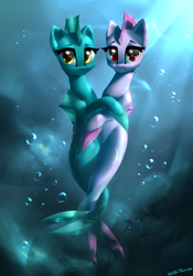 Size: 2100x3000 | Tagged: safe, artist:shido-tara, oc, oc only, oc:capricorn zodiac, oc:pisces zodiac, seapony (g4), fallout equestria, fallout equestria: project horizons, fanfic art, high res, hug, looking at you, smiling, underwater