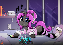 Size: 2800x2000 | Tagged: safe, artist:chilimod, oc, oc:hazy frame, oc:violet nebula, changeling, pony, sheep, bedroom, cellphone, clothes, female, headphones, high res, hoodie, looking at you, music notes, night, phone, plushie, purple changeling, rain, smartphone, socks, striped socks, window