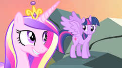 Size: 1920x1080 | Tagged: safe, screencap, princess cadance, twilight sparkle, alicorn, pony, g4, season 4, three's a crowd, crown, cute, cutedance, duo, duo female, female, grin, happy, jewelry, looking at each other, looking at someone, mare, regalia, sisters-in-law, smiling, smiling at each other, spread wings, teeth, twiabetes, twilight sparkle (alicorn), wings