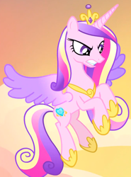 Size: 1166x1573 | Tagged: safe, screencap, princess cadance, alicorn, pony, g4, season 4, three's a crowd, colored wings, cropped, crown, female, flying, gradient wings, hoof shoes, jewelry, mare, multicolored wings, regalia, solo, spread wings, tiara, wings