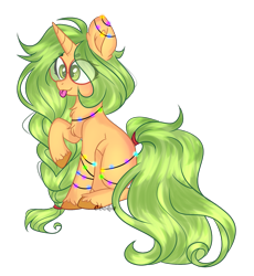 Size: 1533x1664 | Tagged: safe, artist:mint-light, oc, oc only, oc:honey nevaeh, pony, unicorn, :p, chest fluff, christmas, christmas lights, commission, eye clipping through hair, holiday, horn, raised hoof, simple background, solo, tongue out, transparent background, unicorn oc, unshorn fetlocks, ych result