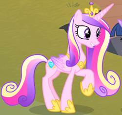 Size: 1958x1839 | Tagged: safe, screencap, princess cadance, alicorn, pony, g4, season 4, three's a crowd, concave belly, cropped, crown, cute, cutedance, female, folded wings, grin, hoof shoes, jewelry, looking forward, mare, peytral, princess shoes, raised hoof, regalia, slender, smiling, solo, standing, thin, tiara, wings