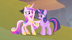 Size: 1920x1080 | Tagged: safe, screencap, princess cadance, twilight sparkle, alicorn, pony, g4, three's a crowd, concave belly, duo, duo female, female, folded wings, height difference, mare, physique difference, sisters-in-law, slender, thin, twilight sparkle (alicorn), wings