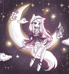 Size: 1665x1800 | Tagged: safe, artist:melfy, oc, oc only, oc:sweet haze, earth pony, elf, anthro, unguligrade anthro, clothes, cloud, collar, commission, crescent moon, dress, femboy, flower, leash, maid, maid headdress, male, moon, sitting, smiling, stars, tangible heavenly object, transparent moon, ych result