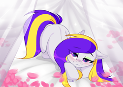 Size: 3465x2454 | Tagged: safe, alternate character, alternate version, artist:mint-light, artist:sparkling_light base, oc, oc only, earth pony, pony, bed, bedroom eyes, blushing, commission, earth pony oc, face down ass up, female, flower, high res, mare, petals, smiling, solo, ych result