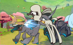 Size: 778x484 | Tagged: safe, screencap, oleander (tfh), pom (tfh), classical unicorn, lamb, pony, sheep, unicorn, them's fightin' herds, cloven hooves, community related, duo, female, game screencap, horn, leonine tail, out of context, unshorn fetlocks