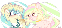 Size: 2964x1365 | Tagged: safe, artist:mint-light, oc, oc only, earth pony, pegasus, pony, blushing, choker, clothes, commission, duo, earth pony oc, eye clipping through hair, grin, pegasus oc, raised hoof, scarf, simple background, smiling, transparent background, two toned wings, wings, ych result