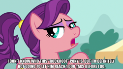 Size: 1280x720 | Tagged: safe, edit, edited screencap, screencap, spoiled rich, earth pony, pony, g4, where the apple lies, caption, female, image macro, implied rockhoof, mare, meme, ponytail, spoiled milk, text