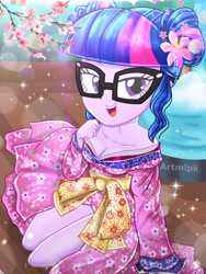 Size: 1800x2400 | Tagged: safe, artist:artmlpk, sci-twi, twilight sparkle, equestria girls, g4, adorable face, adorasexy, adorkable, adorkasexy, alternate hairstyle, beautiful, beautisexy, bedroom eyes, breasts, cherry blossom flower, cleavage, clothes, cute, digital art, dork, dress, female, flower, flower in hair, glasses, hand on chest, kimono (clothing), lens flare, lidded eyes, looking at you, meganekko, open mouth, outfit, plant, sexy, sitting, smiling, smiling at you, solo, topless