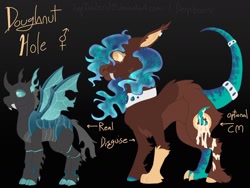 Size: 1280x960 | Tagged: safe, artist:lepiswerid, oc, oc only, oc:doughnut hole, changeling, adopted offspring, cutie mark, disguise, disguised changeling, ear piercing, earring, flowing mane, genderfluid, jewelry, marsverse, parent:princess luna, piercing, solo