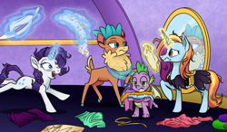 Size: 2400x1400 | Tagged: safe, artist:thescornfulreptilian, rarity, sassy saddles, spike, velvet (tfh), deer, dragon, pony, reindeer, unicorn, them's fightin' herds, g4, community related, crossover, magic, mirror, rarisnap, spike is not amused, stressed, this will end in hospitalization, this will end in tears, unamused, velvet is not amused, winged spike, wings