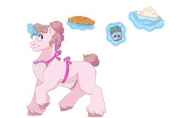 Size: 1280x854 | Tagged: safe, artist:itstechtock, oc, oc only, oc:cocoa powder, pony, unicorn, apron, clothes, female, food, magic, mare, offspring, parent:double diamond, parent:sugar belle, pie, simple background, solo, transparent background