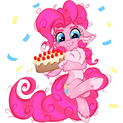 Size: 2500x2500 | Tagged: safe, artist:rurihal, pinkie pie, earth pony, pony, g4, cake, chest fluff, ear fluff, female, food, high res, hoof fluff, mare, pale belly