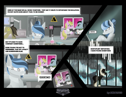 Size: 2419x1868 | Tagged: safe, artist:andaluce, oc, oc only, oc:haze northfleet, earth pony, pegasus, pony, unicorn, clothes, comic, glasses, lab coat, laboratory, science