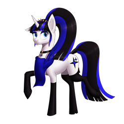 Size: 2200x2200 | Tagged: safe, artist:inaya, oc, oc only, oc:coldlight bluestar, pony, unicorn, boots, clothes, collar, cutie mark, female, gloves, high heels, high res, horn, jewelry, makeup, mare, meta, ponytail, scarf, shoes, simple background, socks, solo, tags, tail wrap, thigh highs, tiara, transparent background