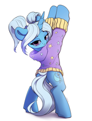 Size: 2180x2850 | Tagged: safe, artist:hitbass, trixie, pony, unicorn, g4, adorasexy, alternate hairstyle, babysitter trixie, blushing, clothes, cute, diatrixes, female, gameloft interpretation, high res, hoodie, looking at you, looking back, looking back at you, mare, pigtails, sexy, simple background, twintails, white background