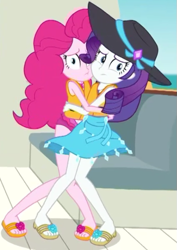 Size: 453x639 | Tagged: safe, screencap, pinkie pie, rarity, equestria girls, g4, my little pony equestria girls: better together, the salty sails, clothes, cropped, feet, female, flip-flops, geode of empathy, geode of shielding, geode of sugar bombs, geode of super speed, geode of super strength, geode of telekinesis, hat, hug, magical geodes, rarity's blue sarong, sarong, skirt, skirt lift, sun hat, swimsuit