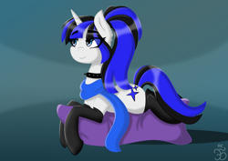 Size: 1414x1000 | Tagged: safe, artist:severity-gray, oc, oc only, oc:coldlight bluestar, pony, unicorn, clothes, collar, cute, cutie mark, female, horn, looking up, lying down, mare, pillow, ponytail, scarf, socks, solo, spikes, unicorn oc