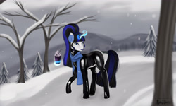 Size: 5000x3000 | Tagged: safe, artist:amywhooves, oc, oc only, oc:coldlight bluestar, pony, unicorn, bodysuit, catsuit, clothes, coffee, ear warmers, glossy, headphones, hill, latex, latex suit, makeup, mountain, park, ponytail, road, rubber, scarf, shiny, snow, snowfall, solo, tail, tail wrap, tree, winter, winter outfit, zipper