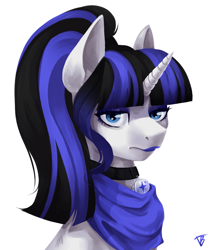 Size: 1345x1600 | Tagged: artist needed, safe, oc, oc only, oc:coldlight bluestar, pony, unicorn, clothes, collar, female, makeup, mare, ponytail, sad, scarf, simple background, solo, white background
