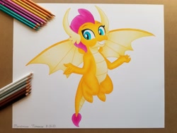 Size: 4032x3024 | Tagged: safe, artist:maximustimaeus, smolder, dragon, g4, colored pencil drawing, cute, dragoness, female, flying, horns, simple background, smiling, smolderbetes, solo, traditional art, white background, wings