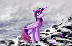 Size: 3200x2036 | Tagged: safe, artist:empress-twilight, twilight sparkle, alicorn, pony, g4, female, folded wings, high res, mare, mountain, snow, snowfall, solo, twilight sparkle (alicorn), wings