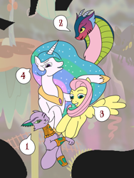 Size: 1371x1827 | Tagged: safe, artist:jacalope, editor:proto29, idw, baast, cosmos, fluttershy, princess celestia, alicorn, cat, draconequus, pegasus, pony, g4, colored, discord gets all the mares, discord's house, implied baastcord, implied coscord, implied discoshy, implied dislestia, implied shipping, implied straight, silhouette