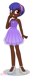 Size: 1316x3141 | Tagged: safe, artist:amgiwolf, oc, oc only, oc:heart's desire, equestria girls, g4, bare shoulders, clothes, dark skin, dress, ear piercing, earring, female, grin, high heels, jewelry, necklace, piercing, shoes, simple background, sleeveless, smiling, solo, transparent background