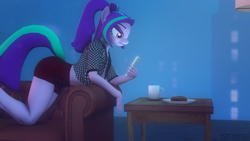 Size: 3840x2160 | Tagged: safe, artist:foxventus, aria blaze, anthro, g4, 3d, couch, donut, female, food, hand, high res, mug, phone, pigtails, ponified, solo, source filmmaker, tail, wallpaper