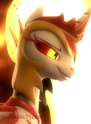 Size: 2160x2923 | Tagged: safe, artist:mod-madclicker, daybreaker, alicorn, pony, g4, 3d, armor, ash, female, grin, high res, looking away, mare, smiling, solo, source filmmaker