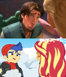 Size: 1617x1872 | Tagged: safe, edit, flash sentry, sunset shimmer, equestria girls, equestria girls series, g4, holidays unwrapped, spoiler:eqg series (season 2), female, flynn rider, here comes the smolder, male, rapunzel, ship:flashimmer, shipping, straight, tangled (disney)
