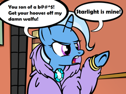 Size: 900x674 | Tagged: safe, artist:pixelkitties, edit, editor:background pony #91z0, trixie, g4, censored, censored vulgarity, futurama, hoof pointing, implied shipping, implied starlight glimmer, male, raging bender, reference