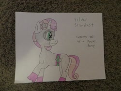 Size: 1024x768 | Tagged: safe, artist:sheaisawesome666, sweetie belle, oc, oc:silver stardust, pony, unicorn, g4, clothes, costume, cute, female, filly, power ponies, silver stardust, solo, superhero, traditional art