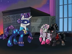 Size: 1024x768 | Tagged: safe, artist:lavenderrain24, radiance, rarity, sweetie belle, oc, oc:ebony darkness, oc:silver stardust, pony, unicorn, g4, city, cityscape, clothes, costume, female, filly, night, power ponies, shadow striker, silver stardust