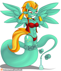 Size: 2200x2600 | Tagged: safe, artist:novaspark, lightning dust, genie, genie pony, pegasus, anthro, g4, abs, belly button, bra, breasts, clothes, ear piercing, earring, female, high res, jewelry, midriff, panties, piercing, simple background, solo, transparent background, underwear